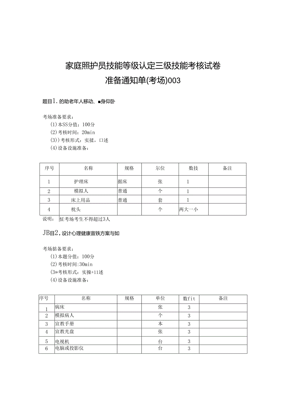 2024年山东省职业技能等级认定试卷 真题 家庭照护员 高级 考场、考生准备通知单 .docx_第1页