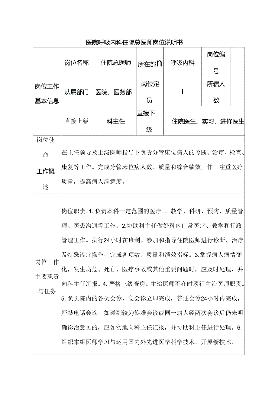 医院呼吸内科住院总医师岗位说明书.docx_第1页