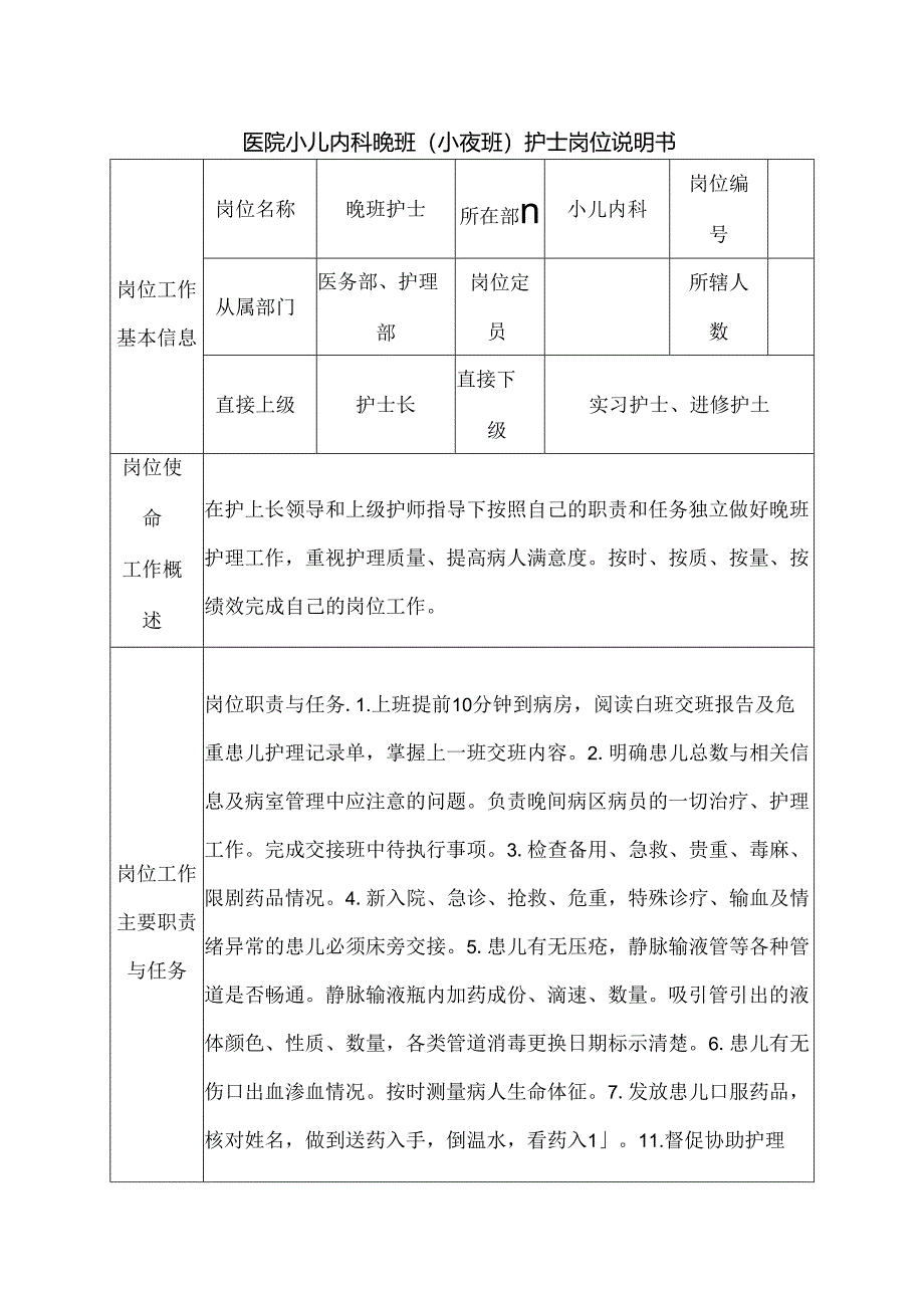 医院小儿内科晚班（小夜班）护士岗位说明书.docx_第1页