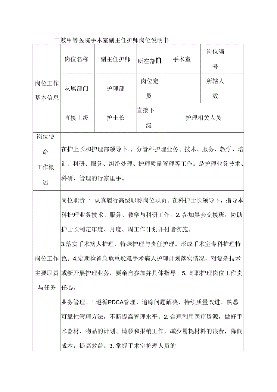 二级甲等医院手术室副主任护师岗位说明书.docx_第1页