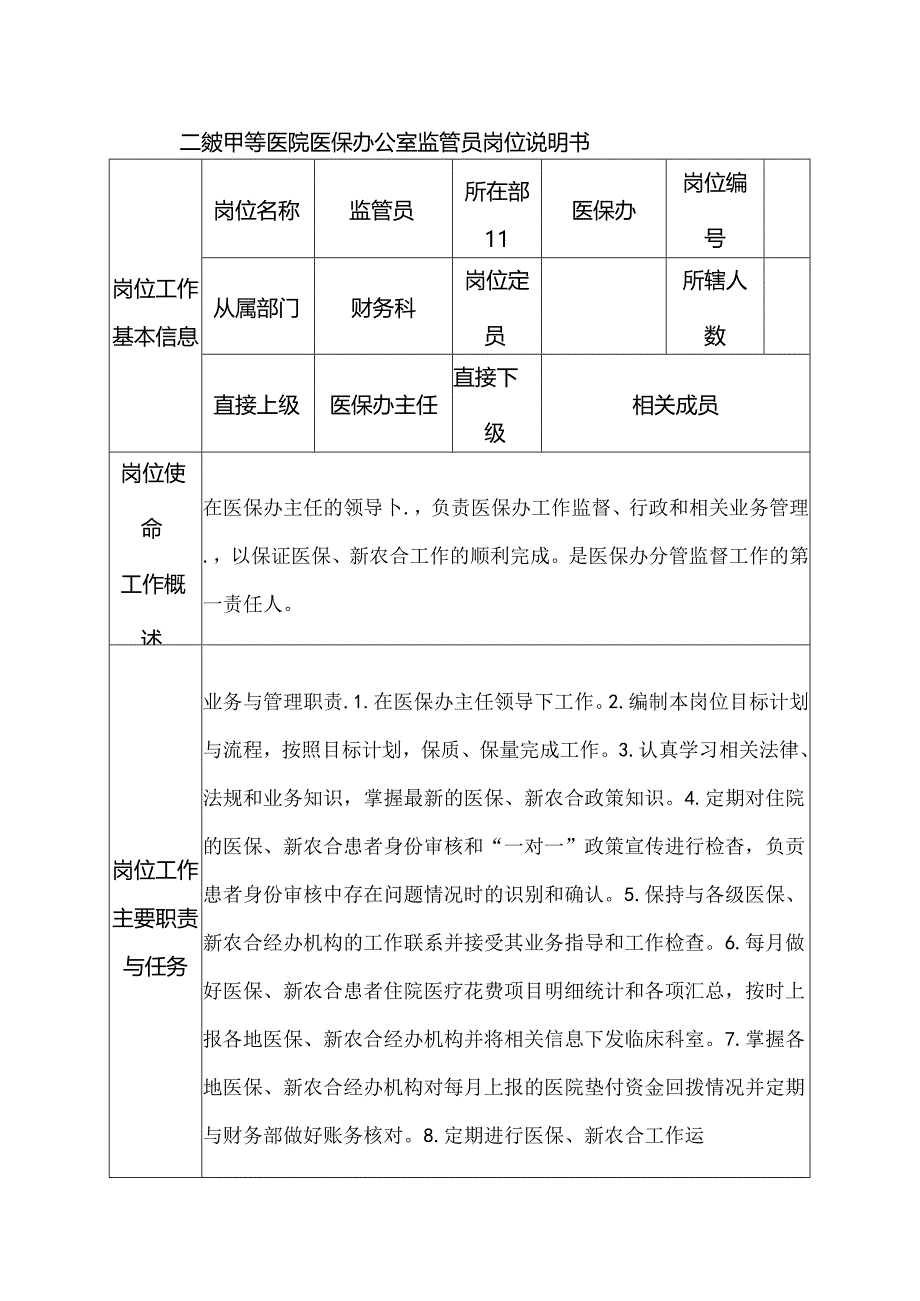 二级甲等医院医保办公室监管员岗位说明书.docx_第1页