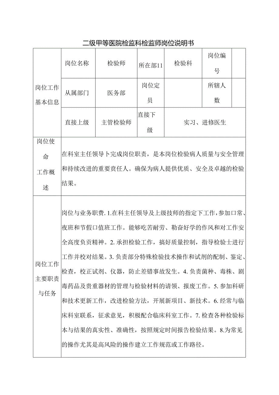 二级甲等医院检验科检验师岗位说明书.docx_第1页