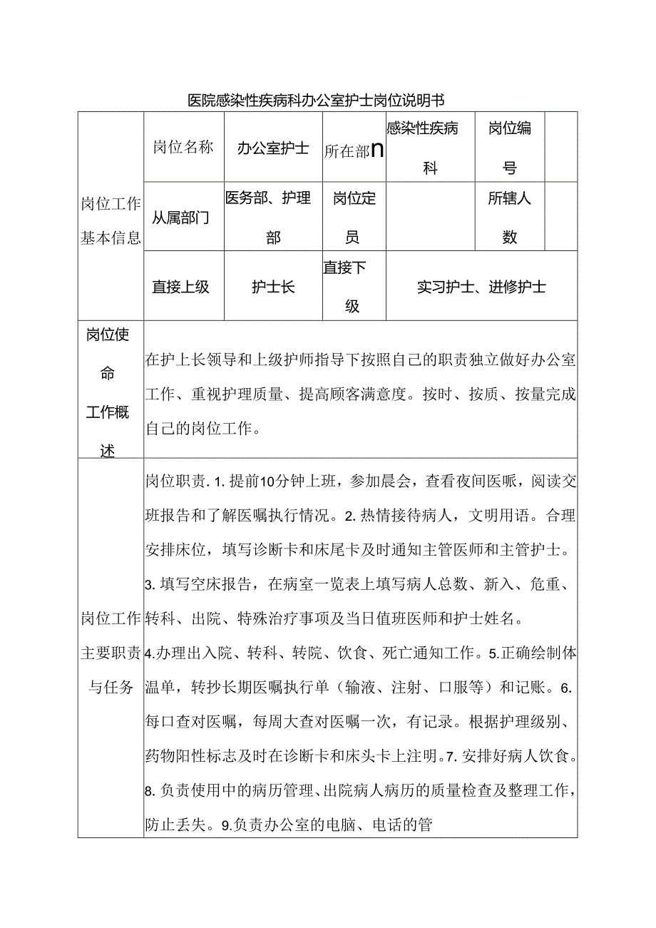 医院感染性疾病科办公室护士岗位说明书.docx_第1页