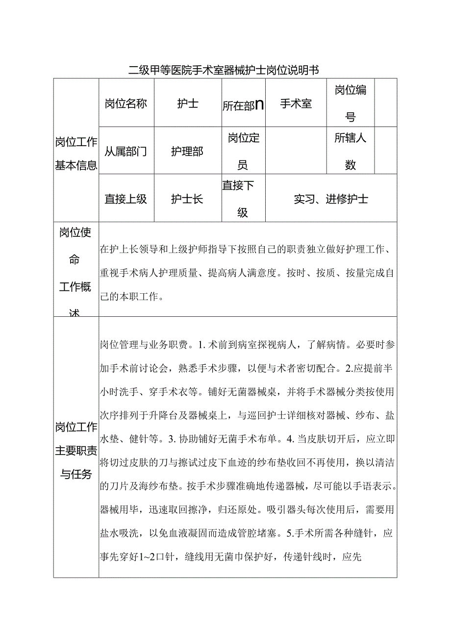 二级甲等医院手术室器械护士岗位说明书.docx_第1页