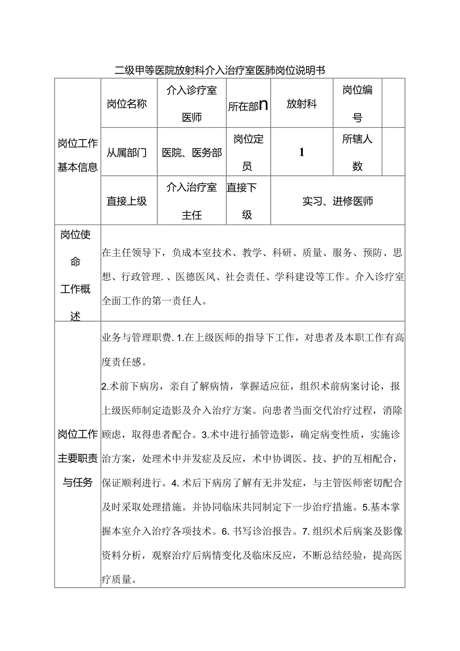 二级甲等医院放射科介入治疗室医师岗位说明书.docx_第1页