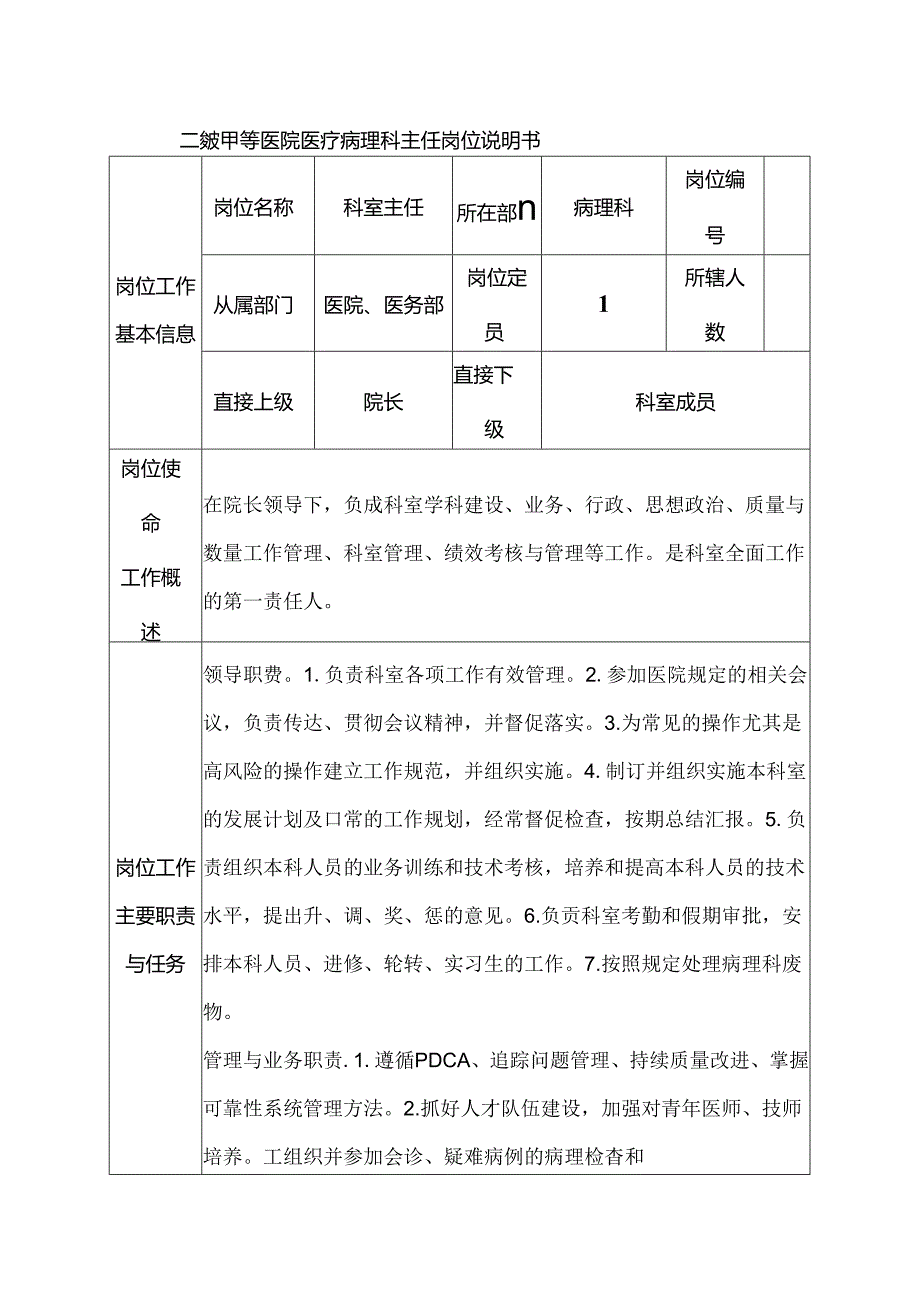 二级甲等医院医疗病理科主任岗位说明书.docx_第1页