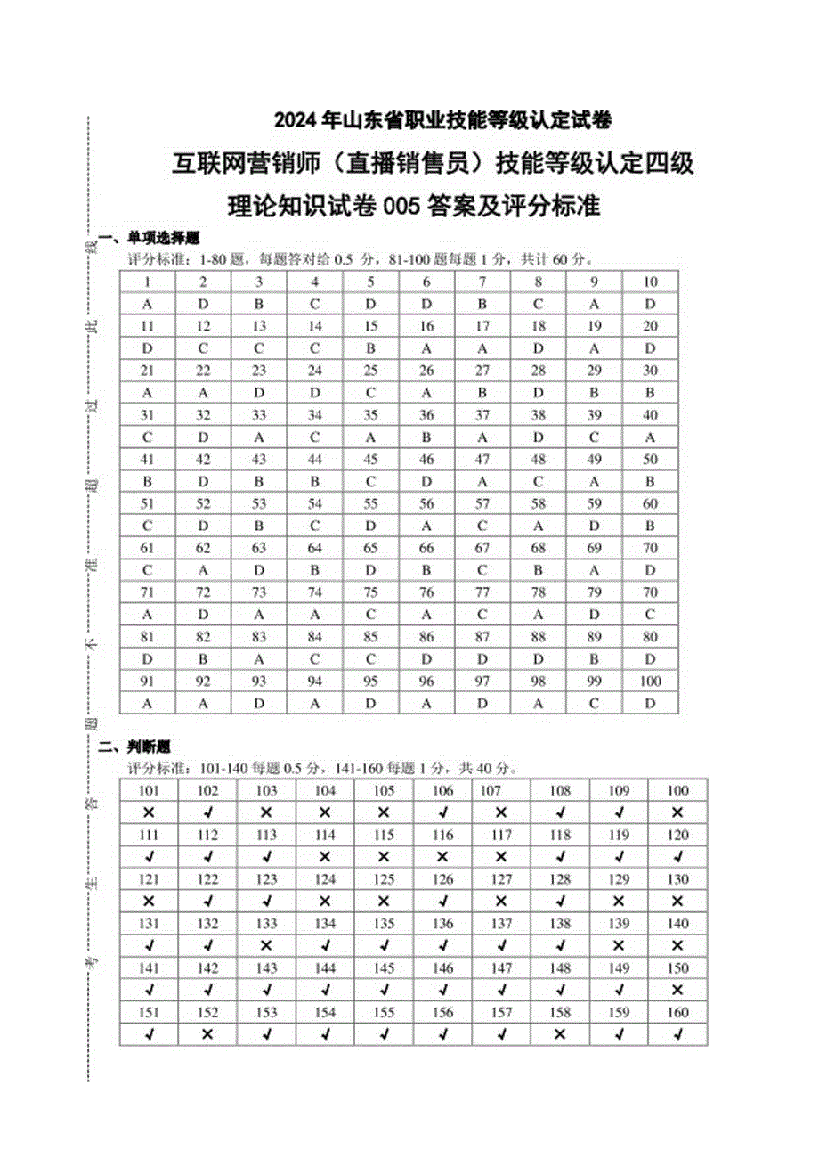 2024年山东省职业技能等级认定试卷 真题 互联网营销师（直播销售员）四级理论试题6理论答案（样题）.docx_第1页