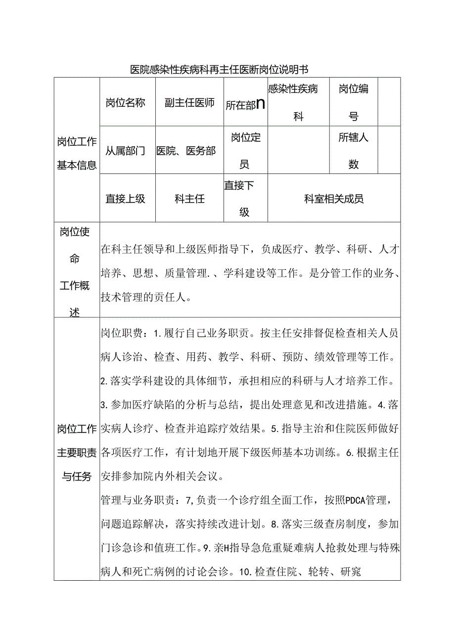 医院感染性疾病科副主任医师岗位说明书.docx_第1页