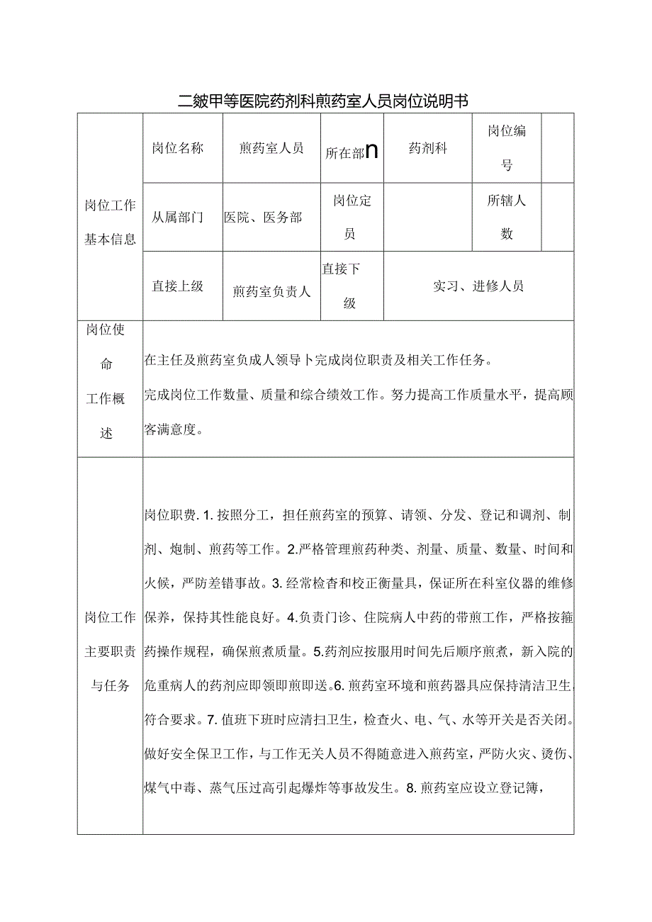 二级甲等医院药剂科煎药室人员岗位说明书.docx_第1页