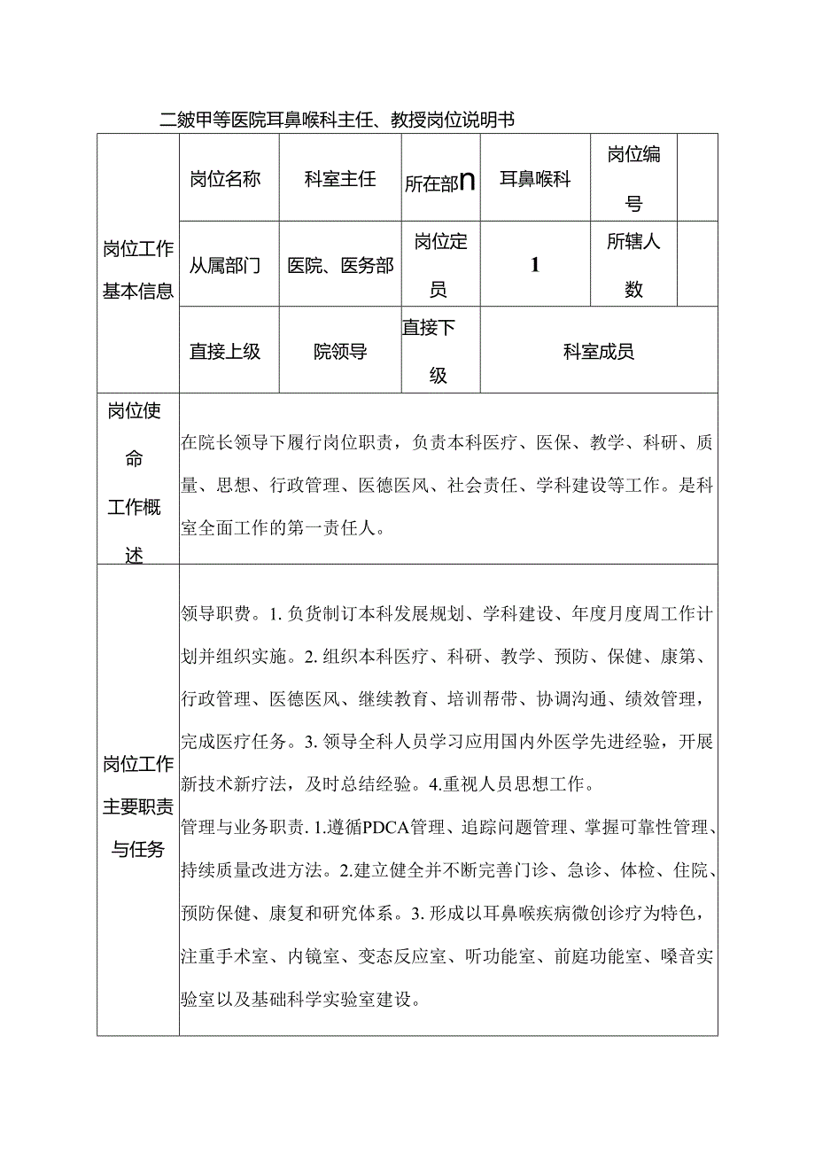 二级甲等医院耳鼻喉科主任、教授岗位说明书.docx_第1页