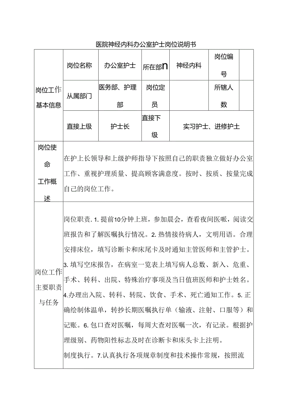 医院神经内科办公室护士岗位说明书.docx_第1页