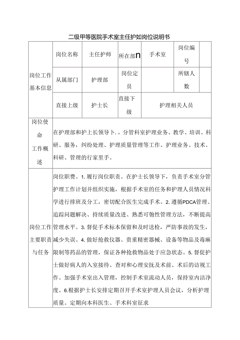 二级甲等医院手术室主任护师岗位说明书.docx_第1页