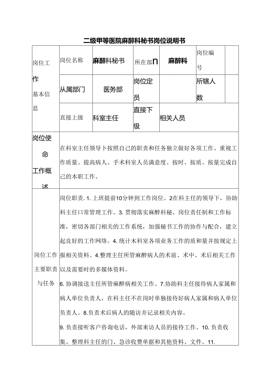 二级甲等医院麻醉科秘书岗位说明书.docx_第1页