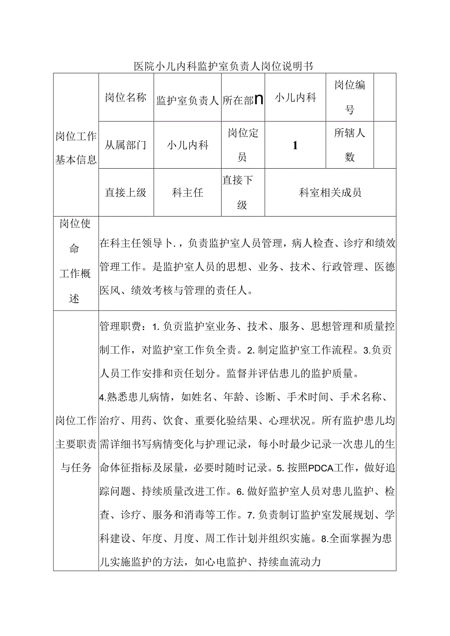 医院小儿内科监护室负责人岗位说明书.docx_第1页