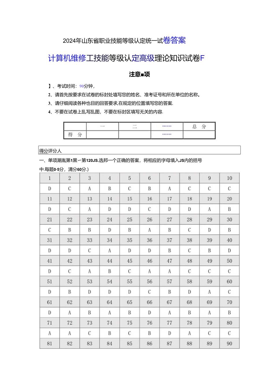 2024年山东省职业技能等级认定试卷 真题 计算机维修工理论（高级）试卷答案(样题)答案.docx_第1页