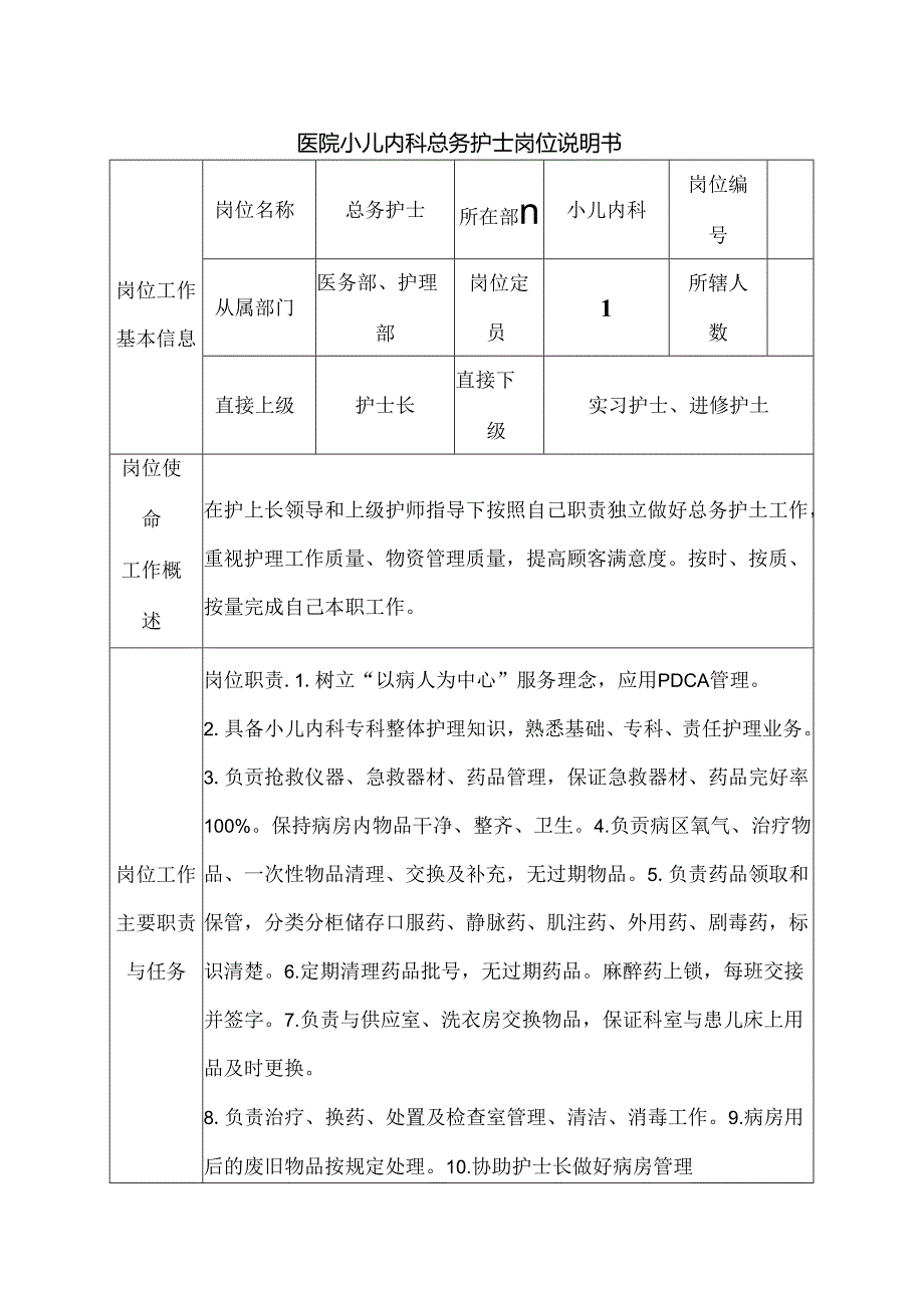 医院小儿内科总务护士岗位说明书.docx_第1页