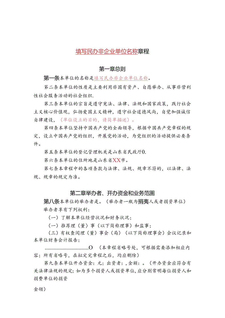 民办非企业单位（法人）章程示范文本 - 山东省人民政府网.docx_第2页