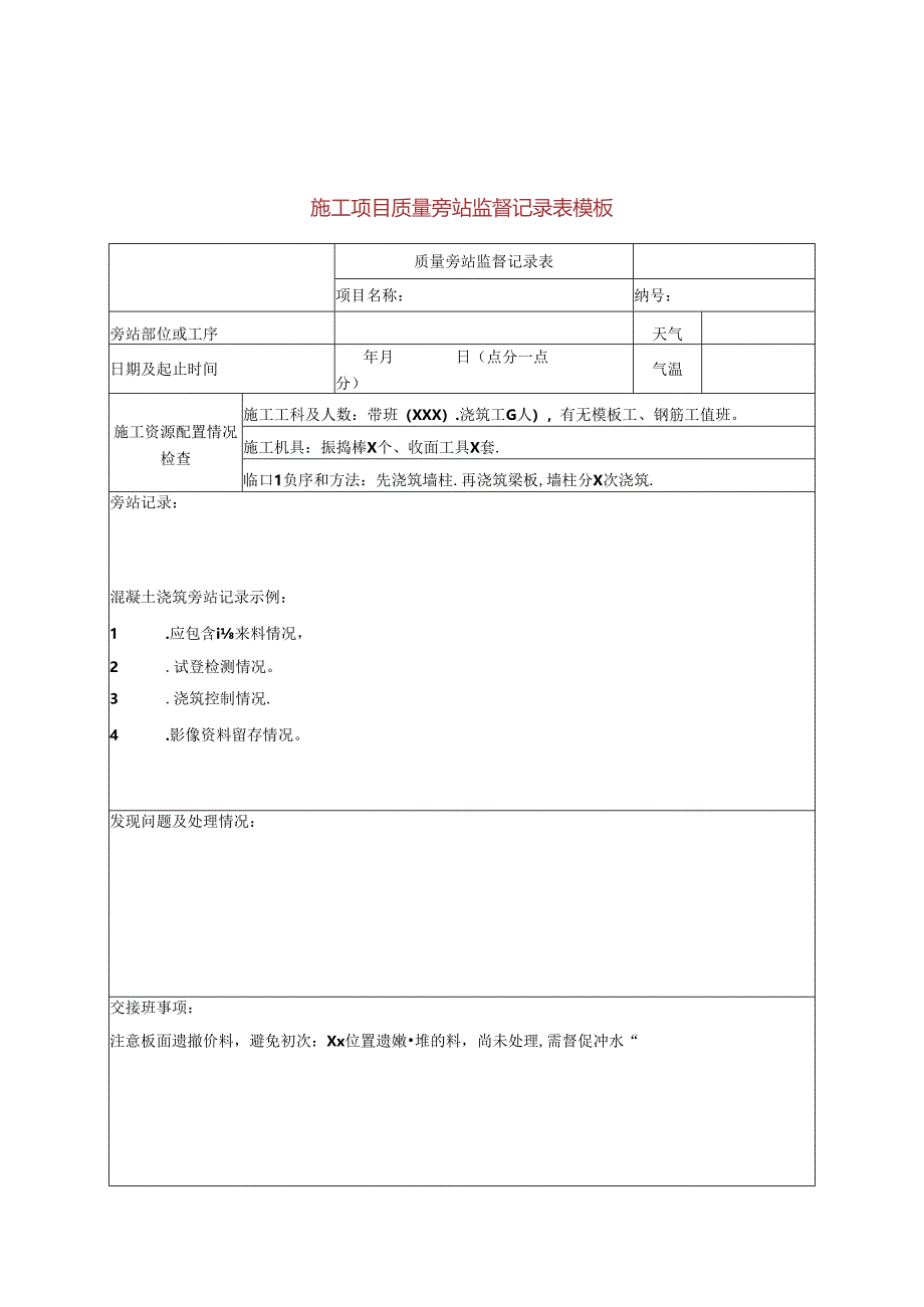 施工项目质量旁站监督记录表模板.docx_第1页