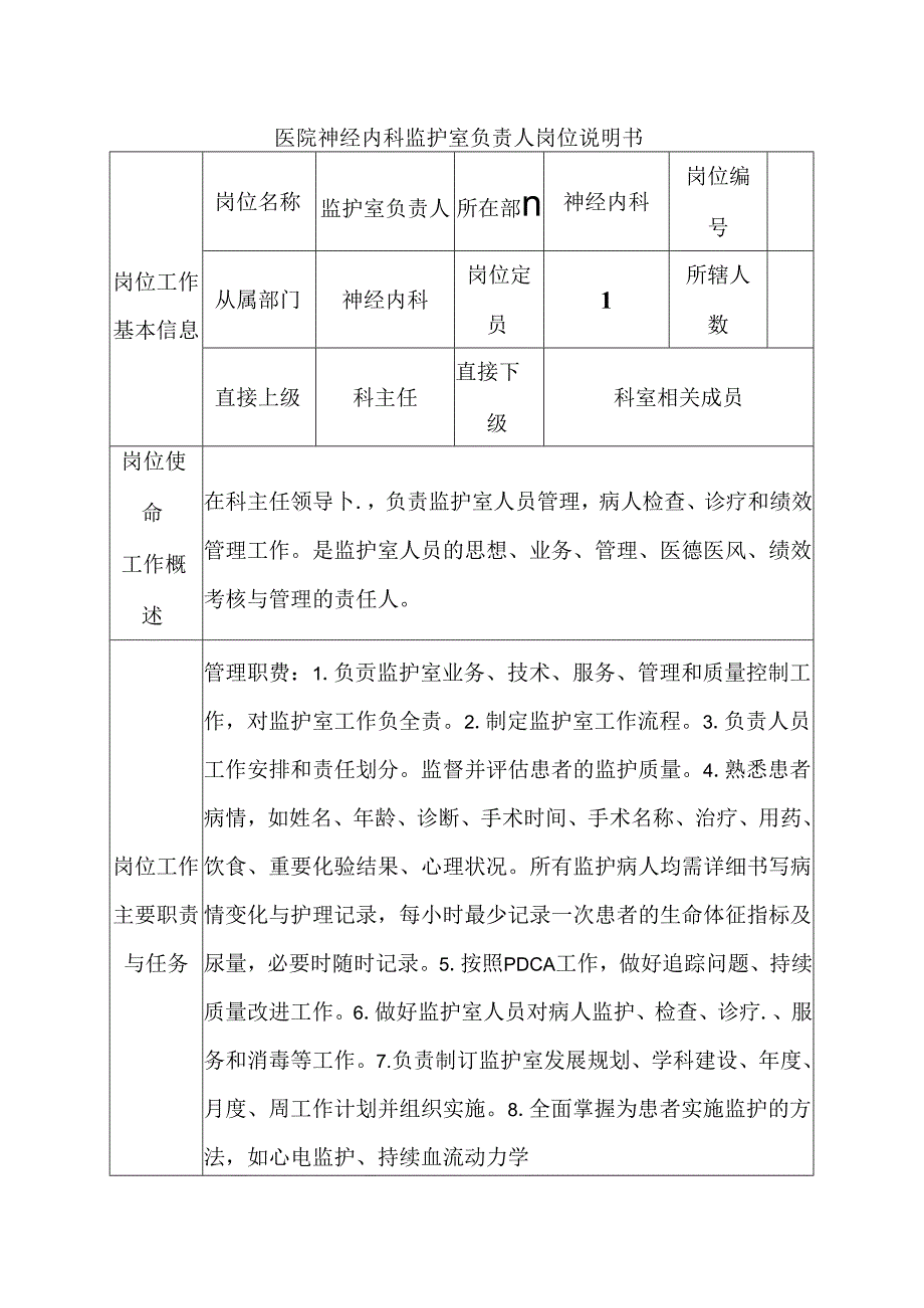 医院神经内科监护室负责人岗位说明书.docx_第1页