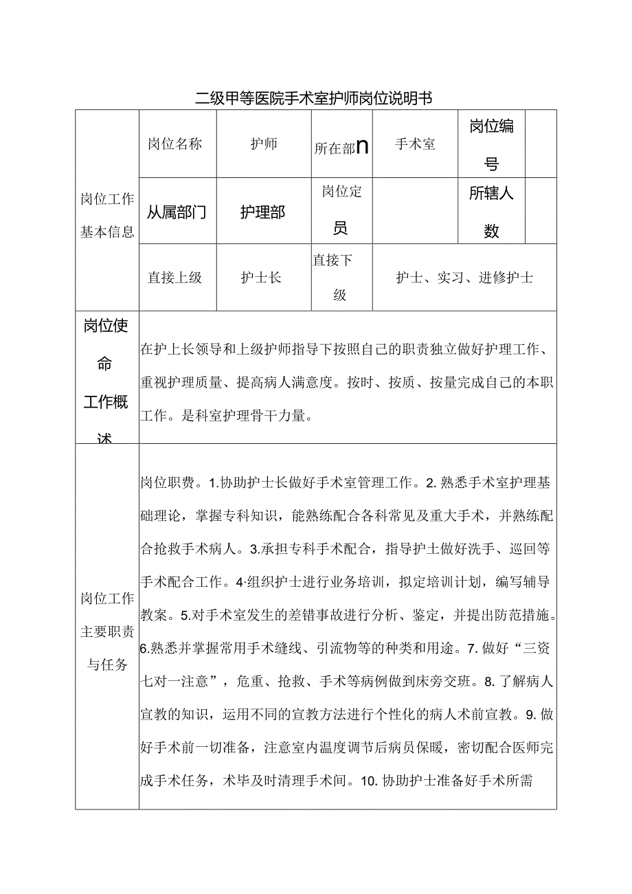 二级甲等医院手术室护师岗位说明书.docx_第1页