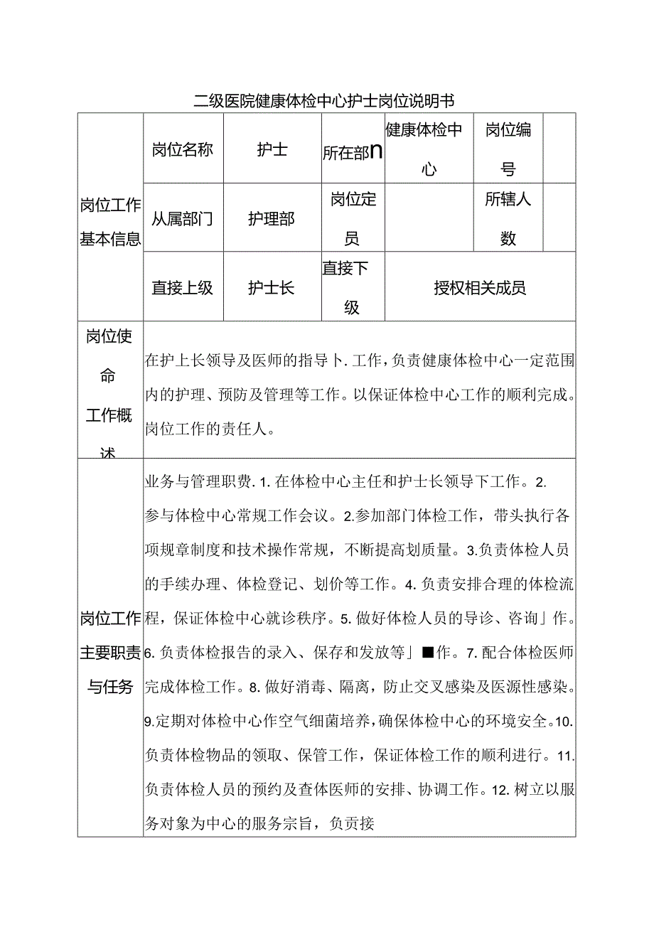 二级医院健康体检中心护士岗位说明书.docx_第1页