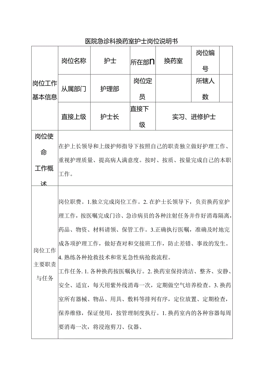 医院急诊科换药室护士岗位说明书.docx_第1页