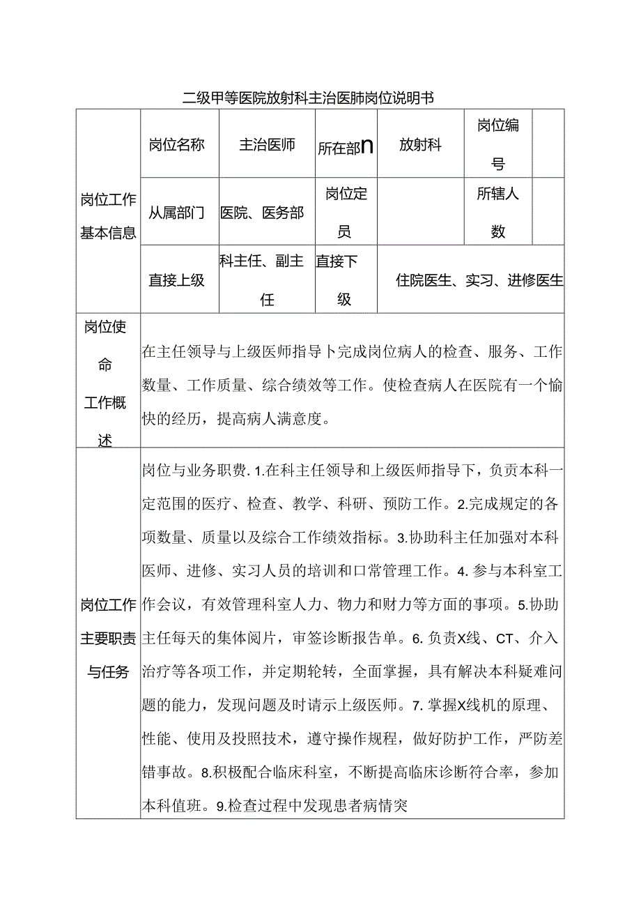 二级甲等医院放射科主治医师岗位说明书.docx_第1页