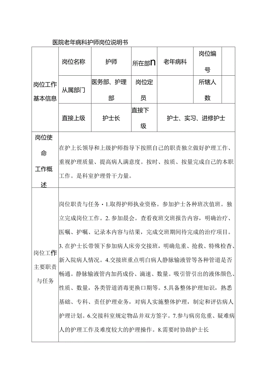 医院老年病科护师岗位说明书.docx_第1页