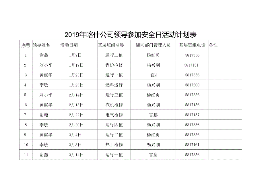 2019年 喀什公司领导参加安全日活动计划表.docx_第2页