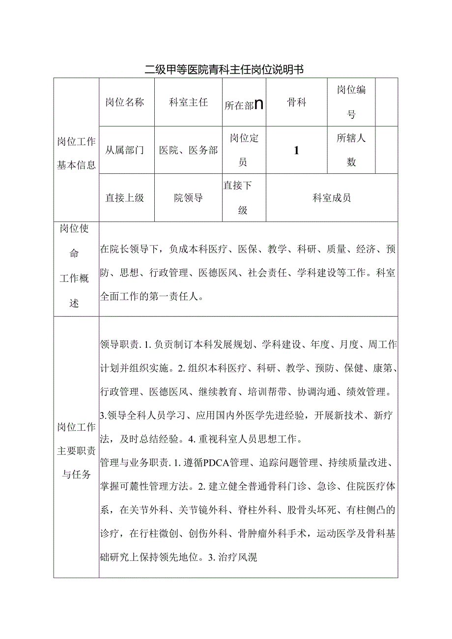 二级甲等医院骨科主任岗位说明书.docx_第1页