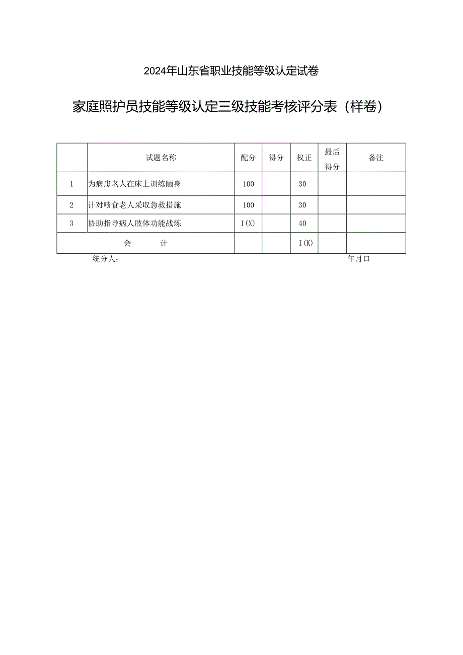 2024年山东省职业技能等级认定试卷 真题 家庭照护员 高级6卷评分记录表.docx_第1页