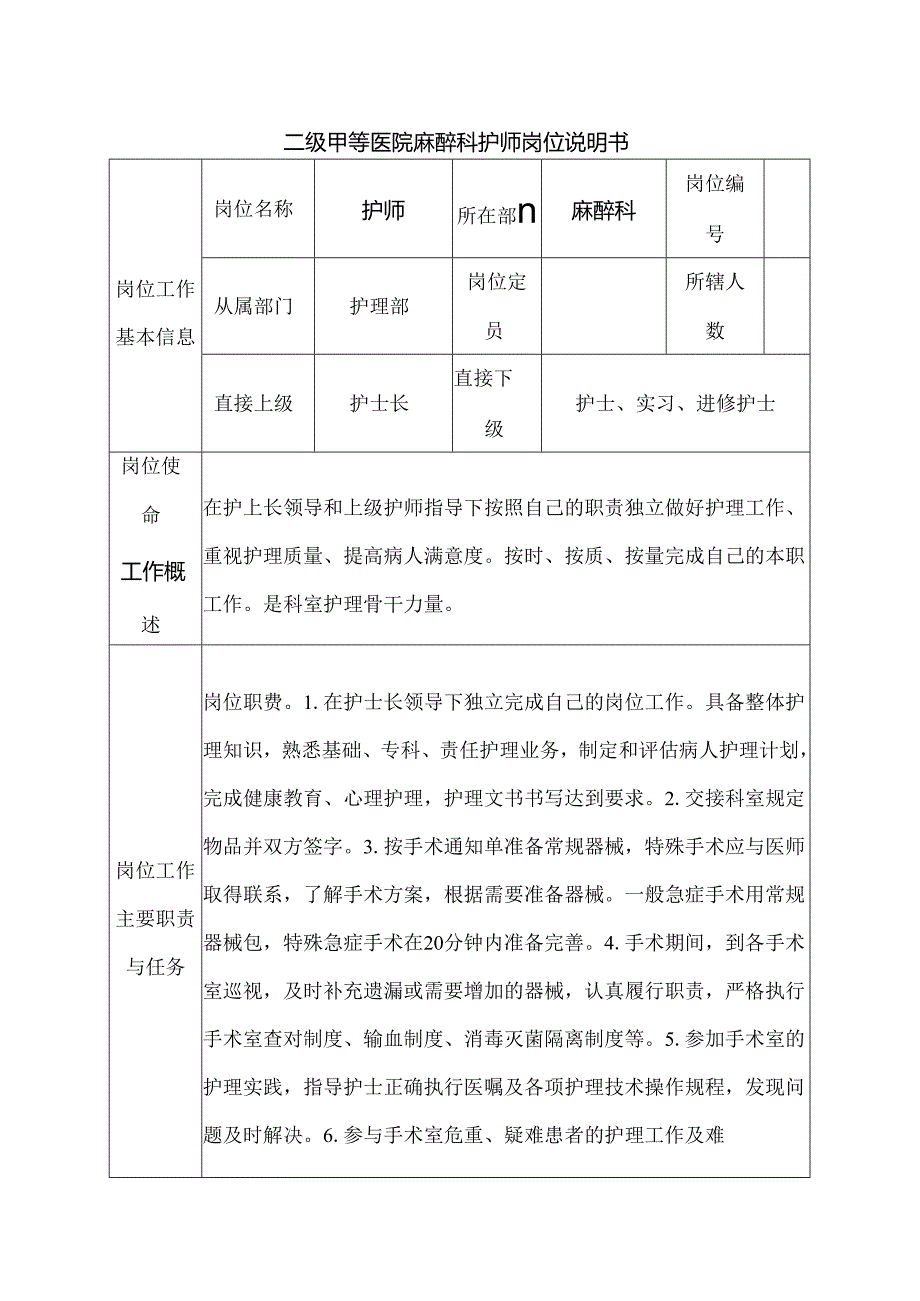 二级甲等医院麻醉科护师岗位说明书.docx_第1页