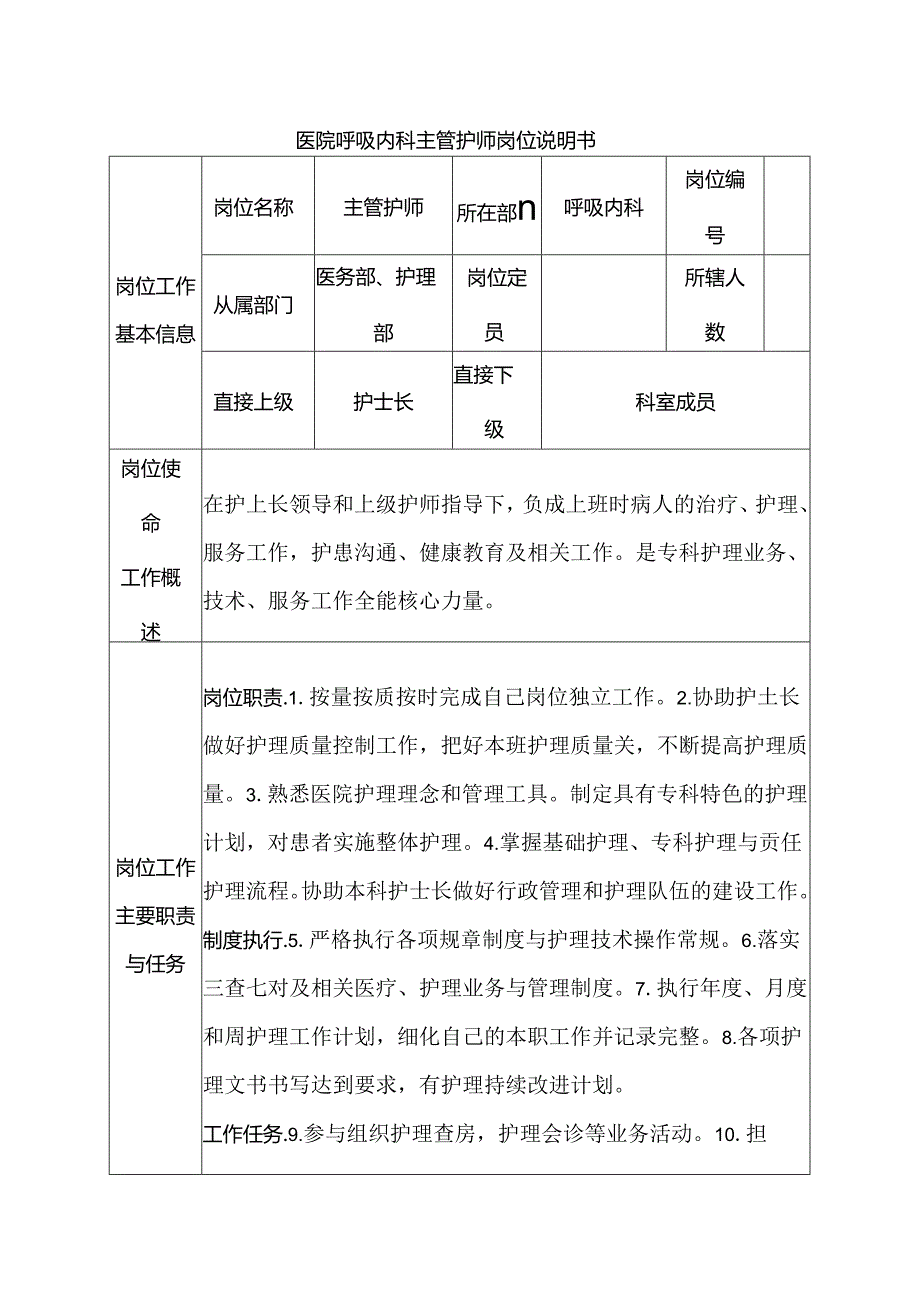 医院呼吸内科主管护师岗位说明书.docx_第1页