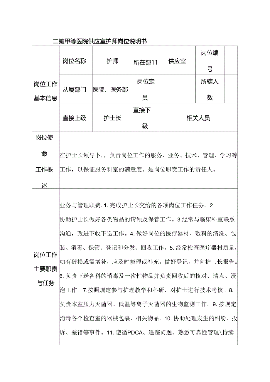 二级甲等医院供应室护师岗位说明书.docx_第1页