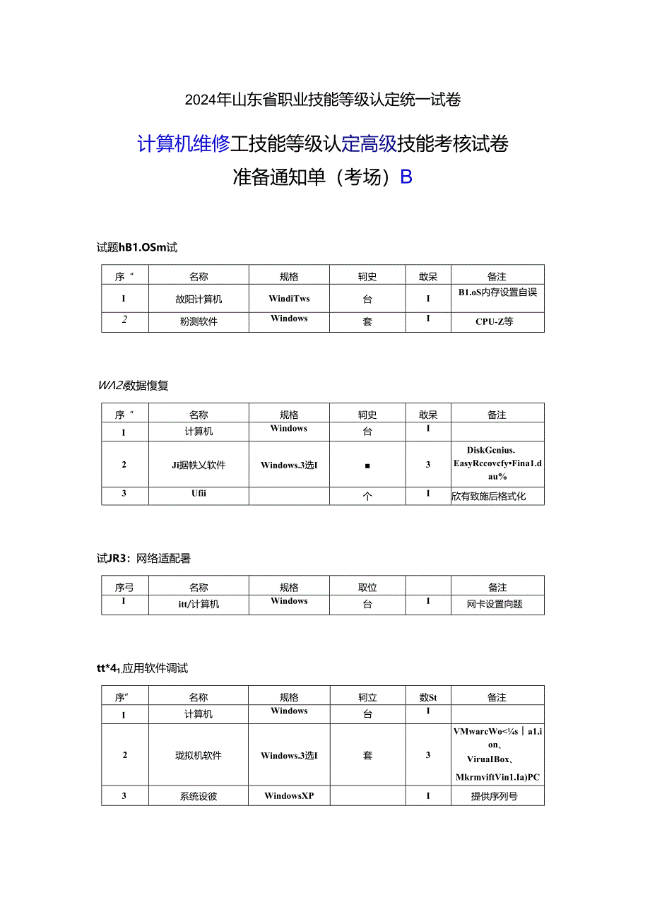 2024年山东省职业技能等级认定试卷 真题 计算机维修工高级实操考场、考生准备通知单B.docx_第1页