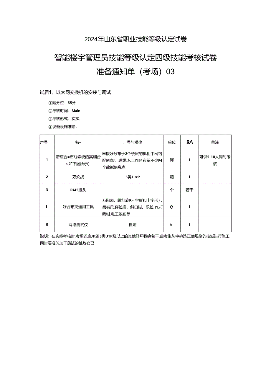 2024年山东省职业技能等级认定试卷 真题 智能楼宇管理员四级_技能_03_考场准备.docx_第1页