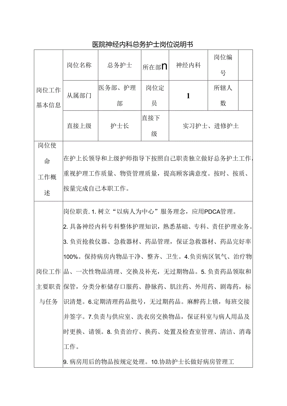 医院神经内科总务护士岗位说明书.docx_第1页