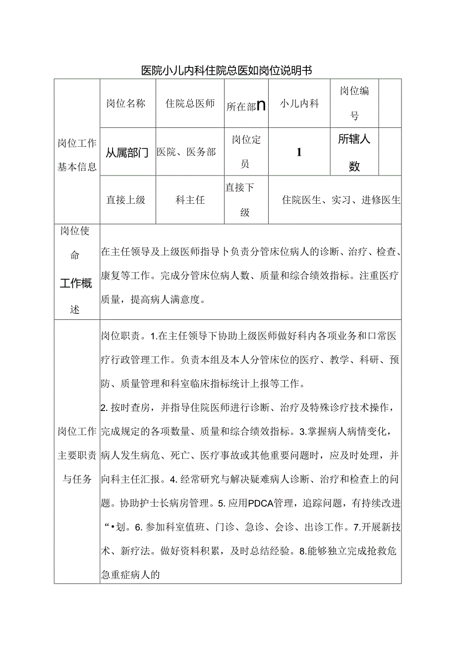 医院小儿内科住院总医师岗位说明书.docx_第1页