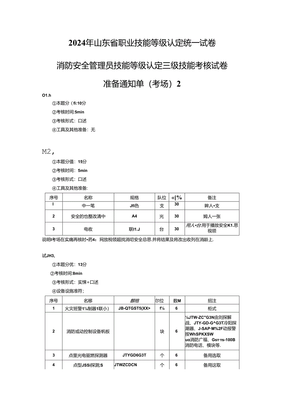 2024年山东省职业技能等级认定试卷 真题 消防安全管理员三级技能考核试卷2--考场、考生准备通知单2.docx_第1页