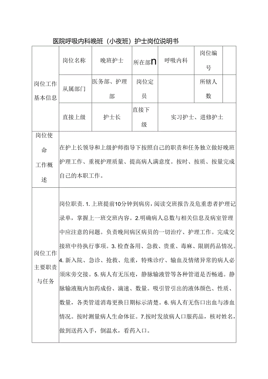 医院呼吸内科晚班（小夜班）护士岗位说明书.docx_第1页