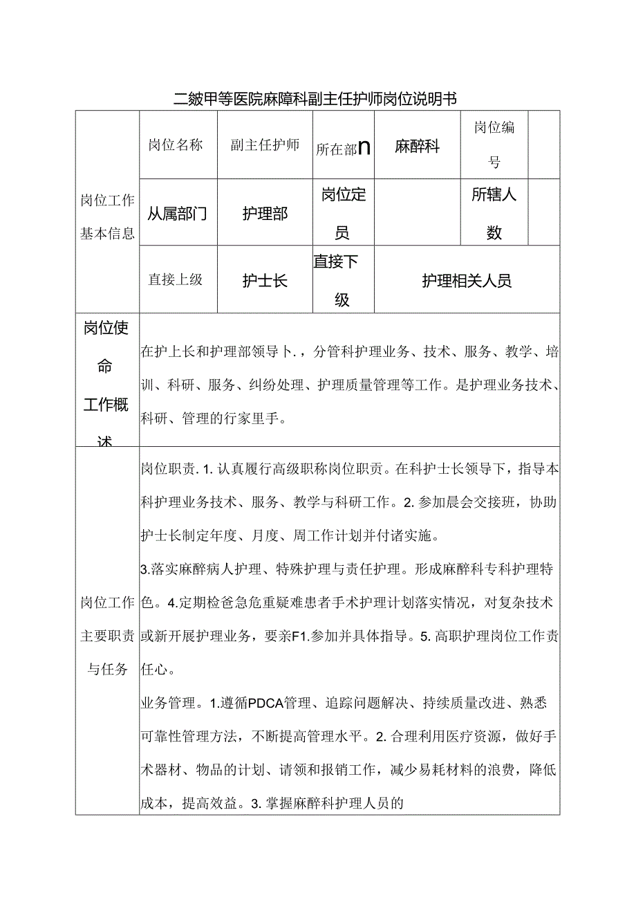 二级甲等医院麻醉科副主任护师岗位说明书.docx_第1页