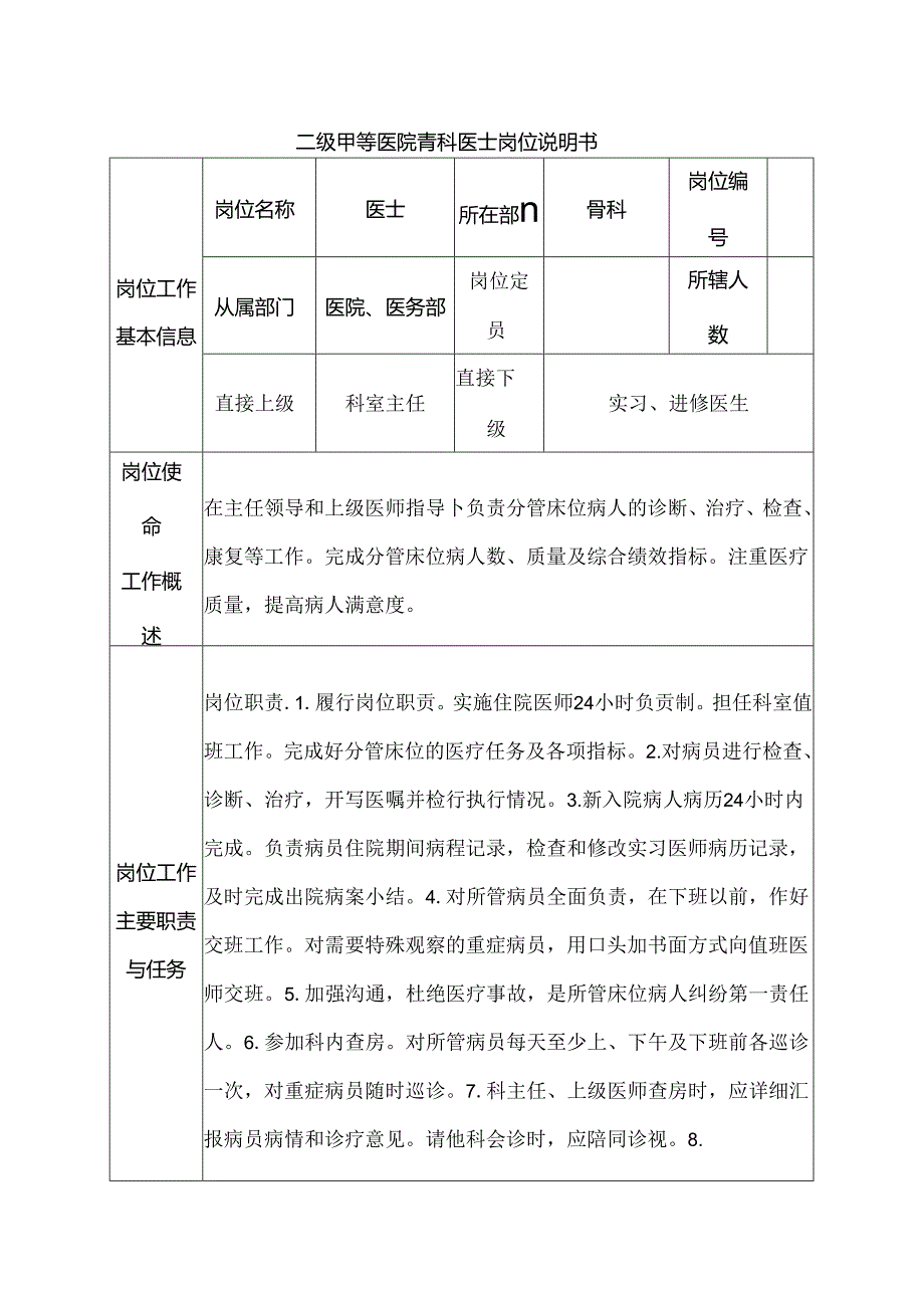 二级甲等医院骨科医士岗位说明书.docx_第1页