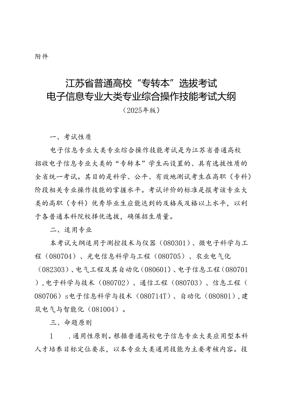 江苏省普通高校“专转本”选拔考试电子信息专业大类专业综合操作技能考试大纲（2025年版）.docx_第1页