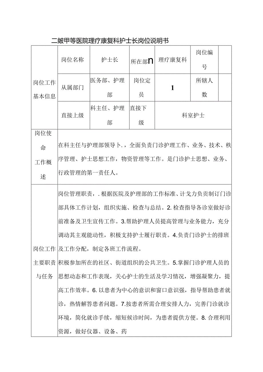 二级甲等医院理疗康复科护士长岗位说明书.docx_第1页