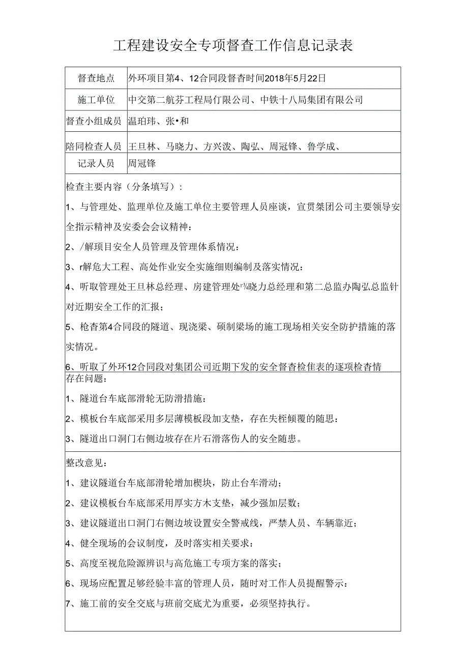 工程建设安全专项督查工作信息记录表（5月22日4、12标）.docx_第1页