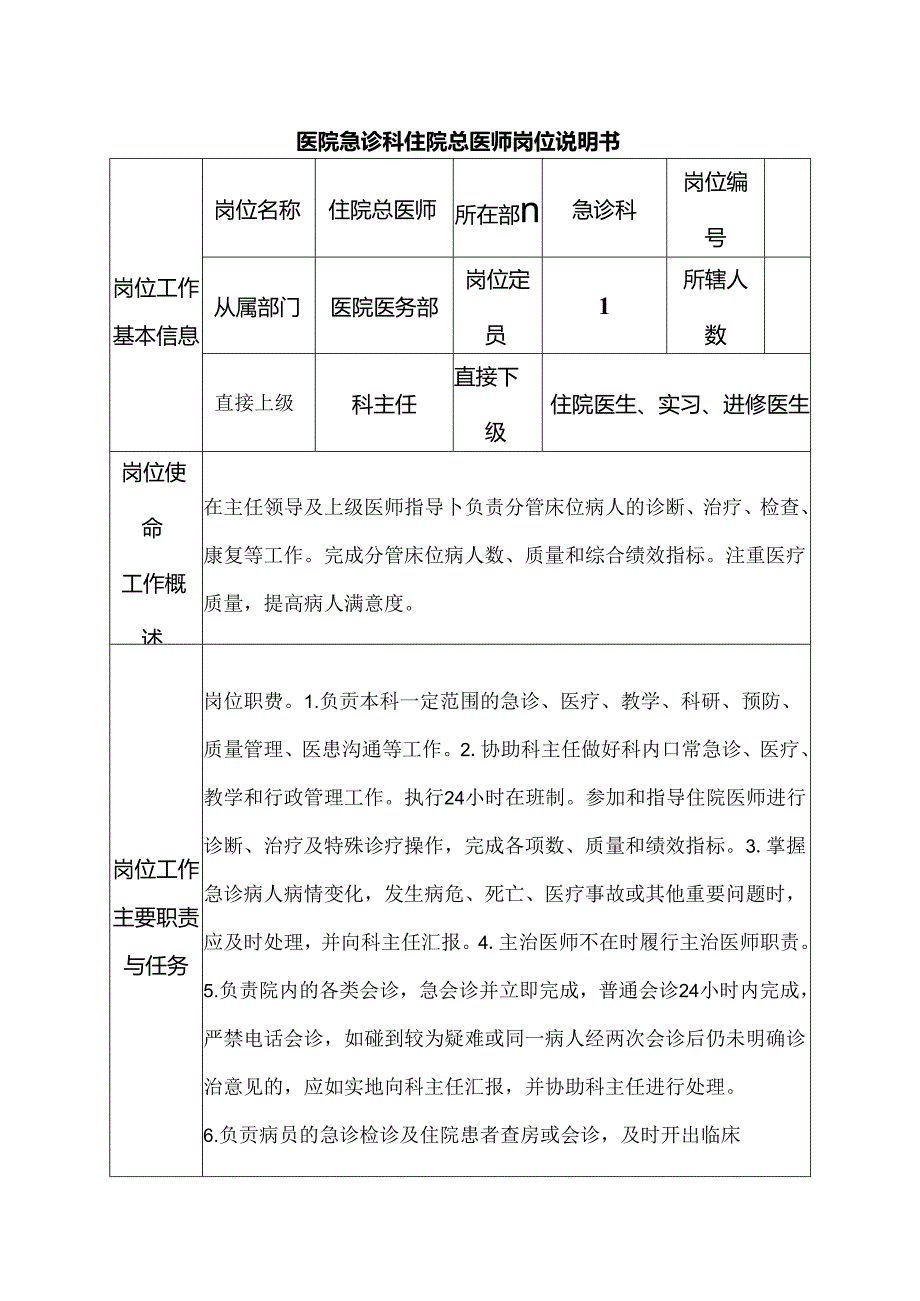 医院急诊科住院总医师岗位说明书.docx_第1页