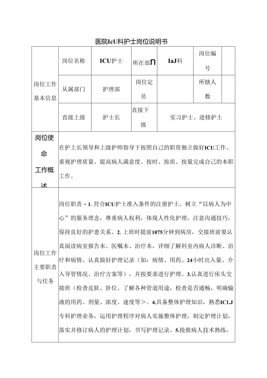 医院ICU科护士岗位说明书.docx_第1页