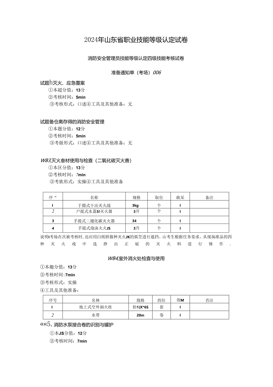 2024年山东省职业技能等级认定试卷 真题 消防安全管理员四级技能考核试卷2考场、考生准备通知单 (5).docx_第1页