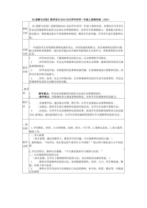 （2024秋新版）教科版科学一年级上册《6. 观察与比较》教学设计.docx