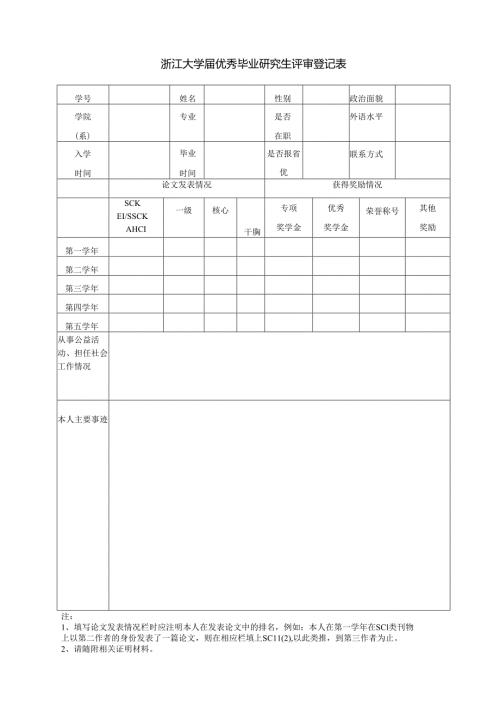 浙江大学 优秀毕业研究生评审登记表.docx